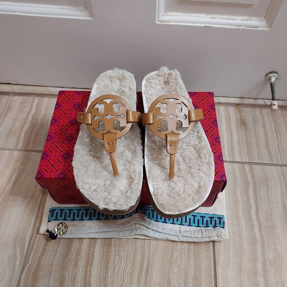Tory Burch Shoes - TORY BURCH Brown Miller Cloud Genuine Shearling Thong Sandal